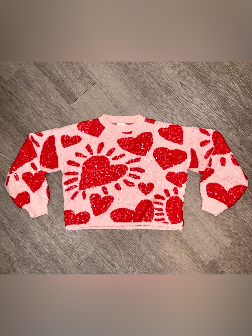 LUNA IVY Embroidered Sequins Heart Blush Crop Sweater